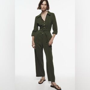 ZARA Belt Detail Fluid Olive Green Women's Jumpsuit - Size Medium